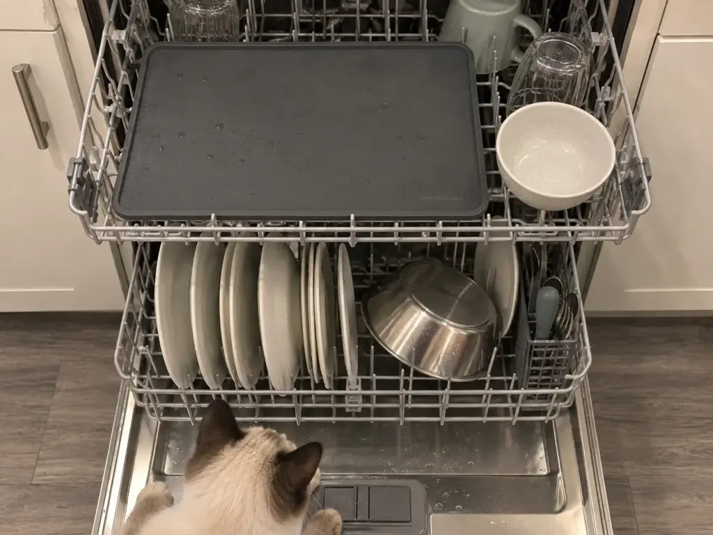 Open dishwasher with a heavy steel cat bowl on the bottom rack and a silicone mat laid flat on top