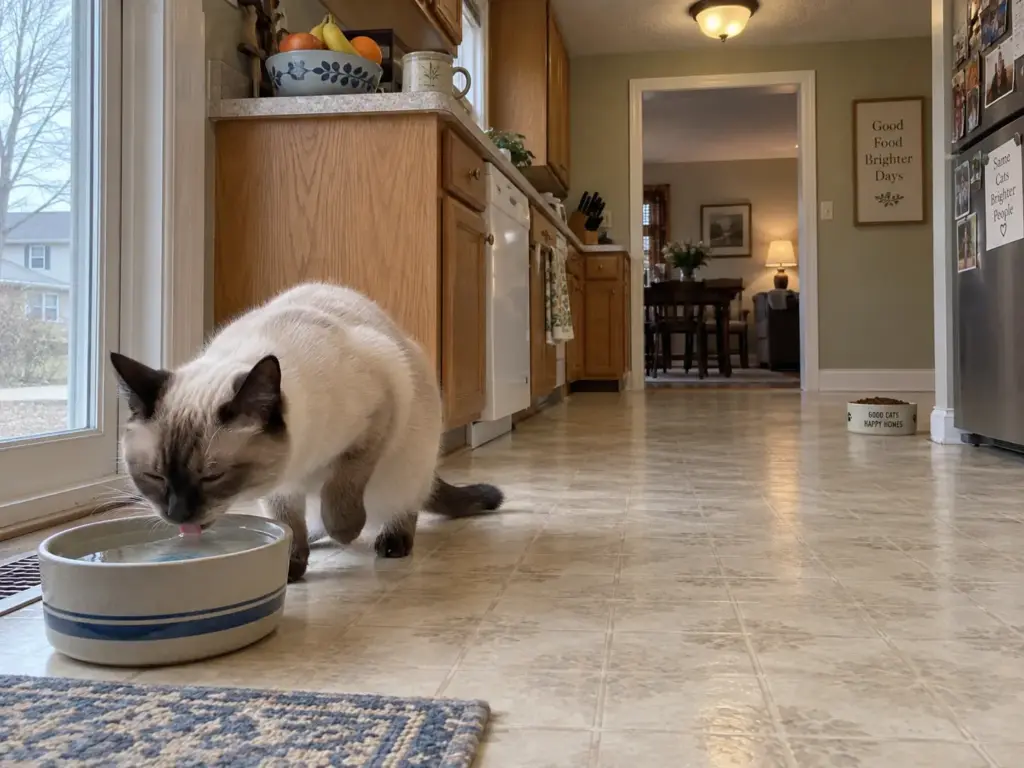 A water bowl set apart from the food bowl on the far side of a kitchen