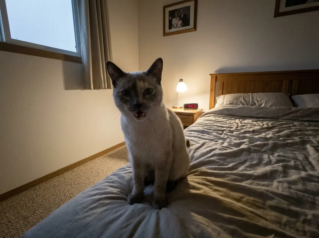 Cat sitting on the bed before dawn waiting to be fed, showing the overnight feeding gap