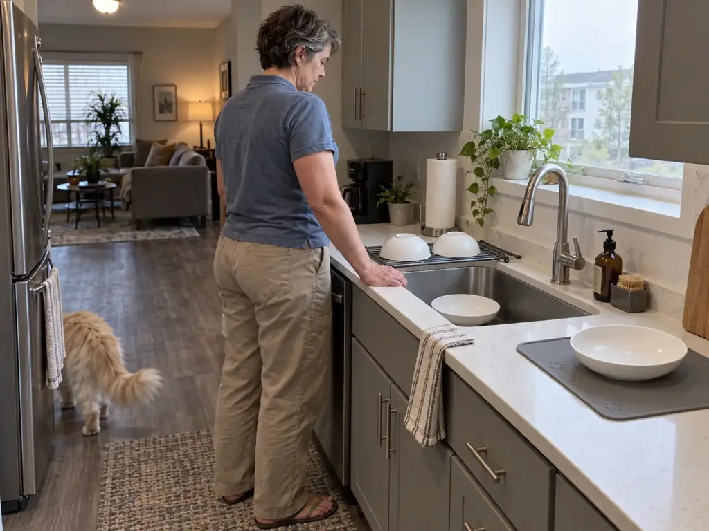 Four ceramic cat bowls in rotation, two draining and one clean waiting on the counter in a rental kitchen