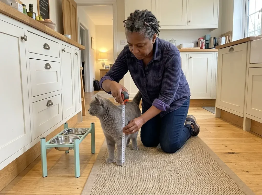 Woman holding a tape measure to a standing cat's elbow beside an adjustable raised bowl stand