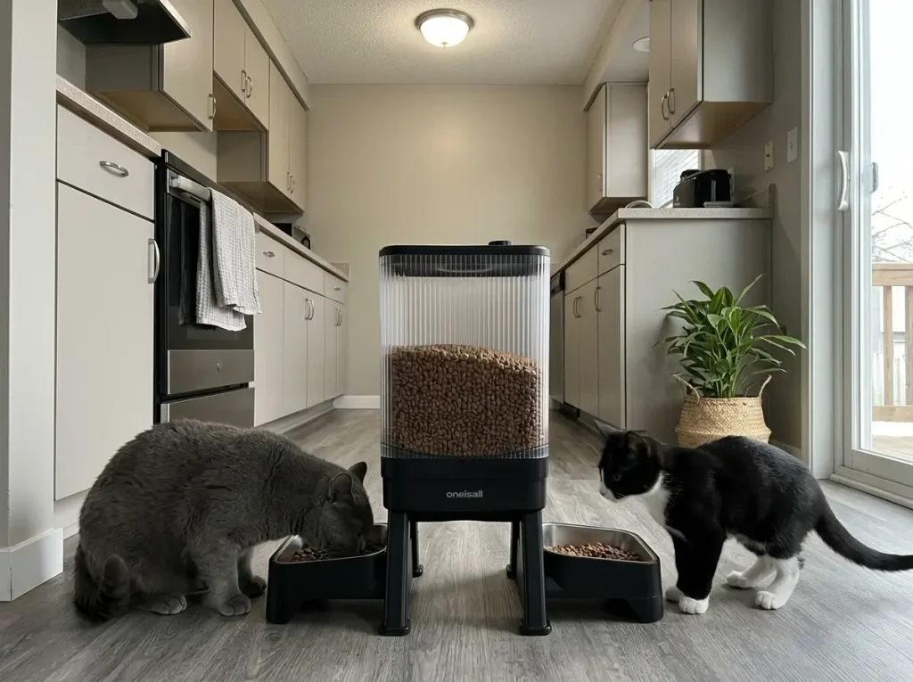 A dual-bowl automatic cat feeder with two cats eating at opposite ends of it