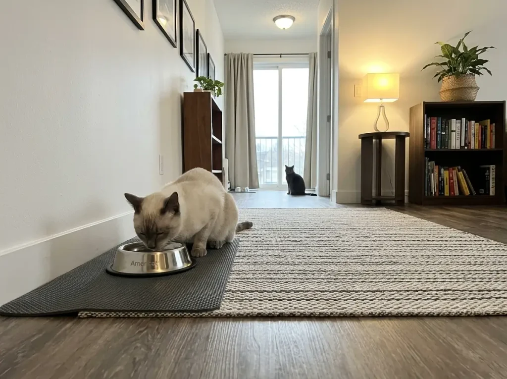 Two separate cat water stations placed in different sightlines in one apartment