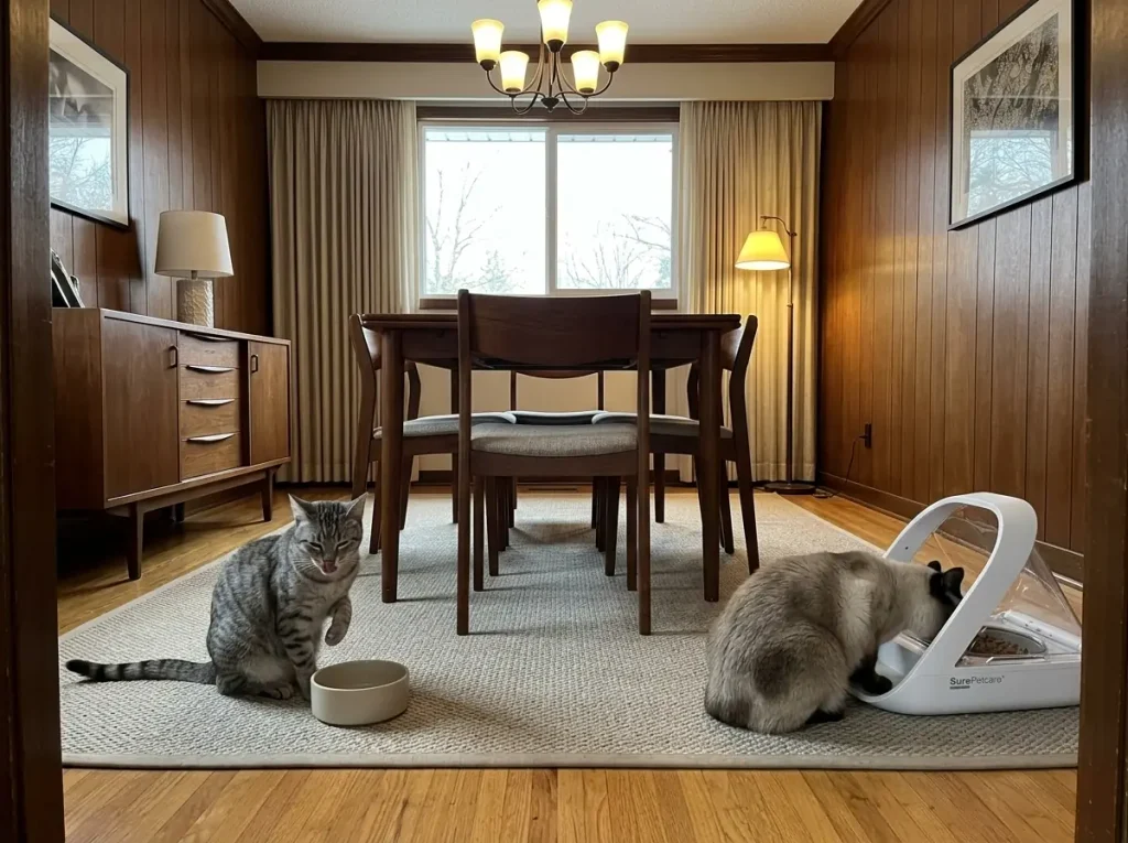 Microchip cat feeder on a dining room floor with two cats at separate feeding stations