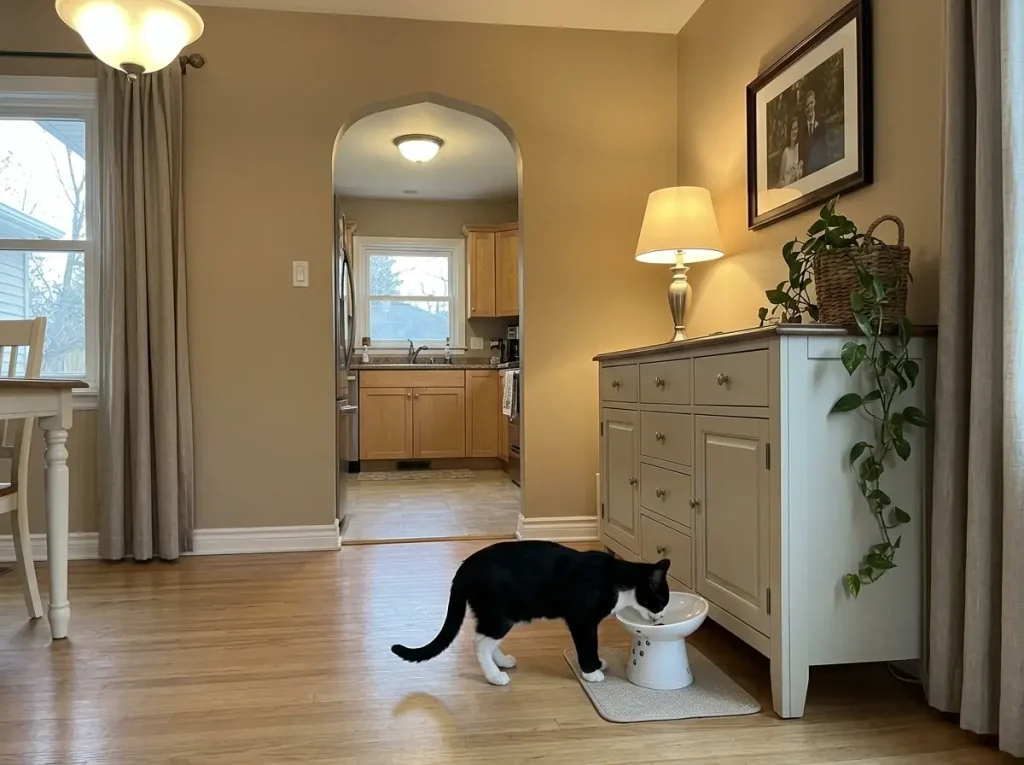 Flat-faced cat eating comfortably from a tall tilted wide ceramic elevated bowl