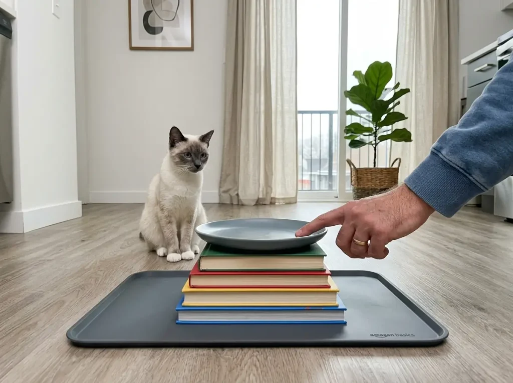 Hand pressing the rim of a raised cat bowl on a silicone feeding mat to test it