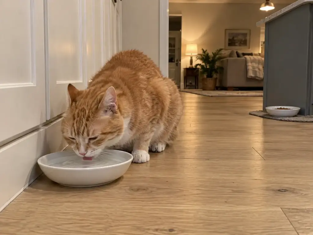 Older orange-and-white cat drinking from a wide ceramic bowl at the end of the counter, food bowl past the corner
