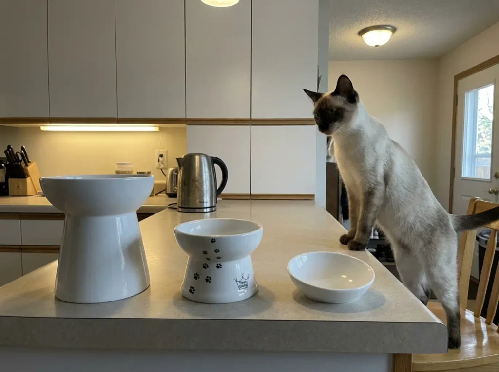 Three raised cat bowls lined up on a kitchen counter, tall stand next to a shorter one