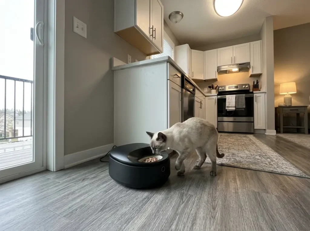 A refrigerated wet food feeder on a kitchen floor with a cream cat sniffing at the open bowl