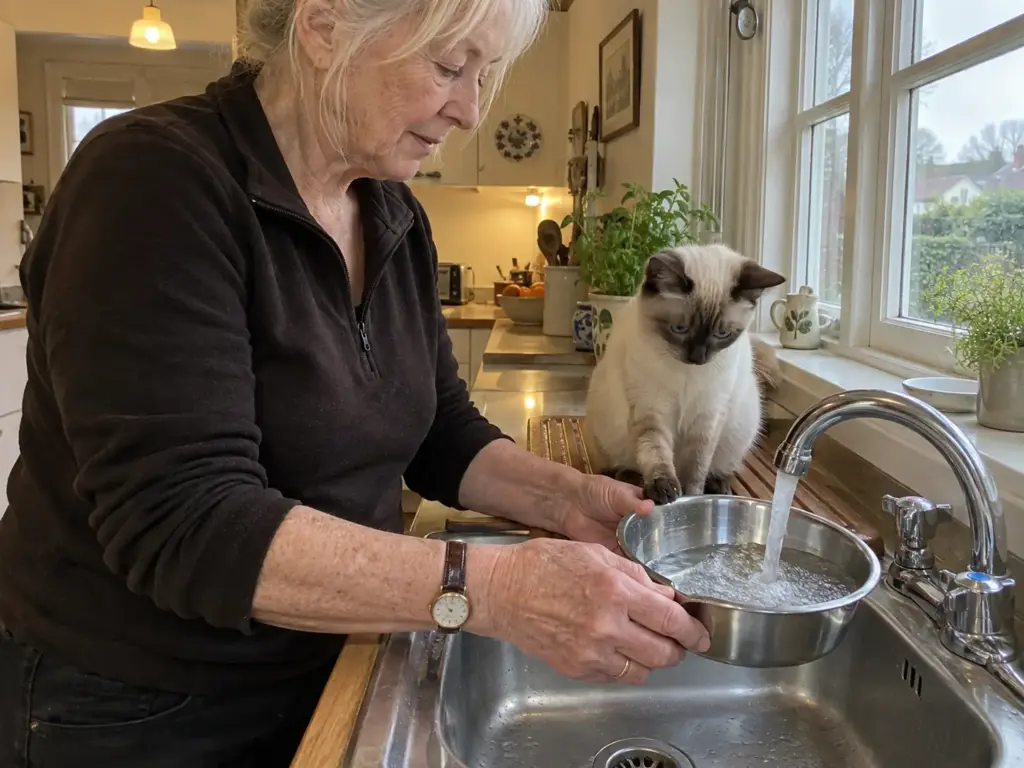 Hands holding a cat bowl under a running tap at the kitchen sink, rinsing without scrubbing