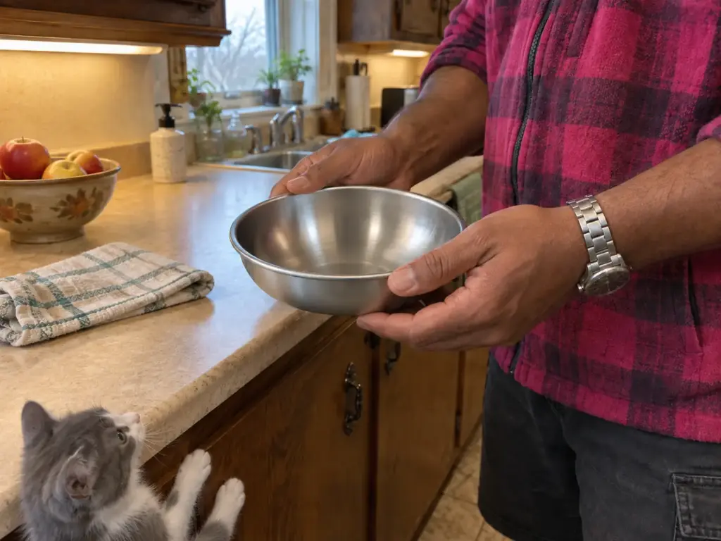 Hands holding a stainless steel cat water bowl at a kitchen counter before moving it across the room