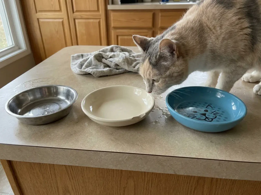 Stainless, ceramic and bamboo composite cat dishes side by side on a kitchen counter