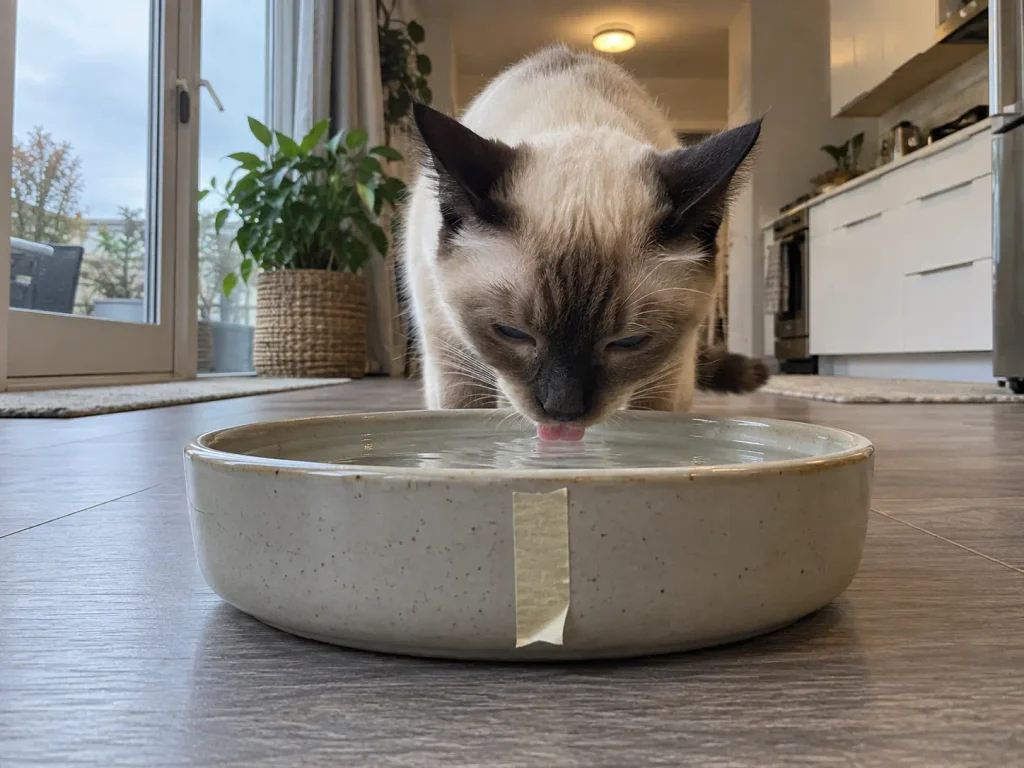 A strip of tape marking the water line on the side of a cat bowl to track how much a cat really drinks