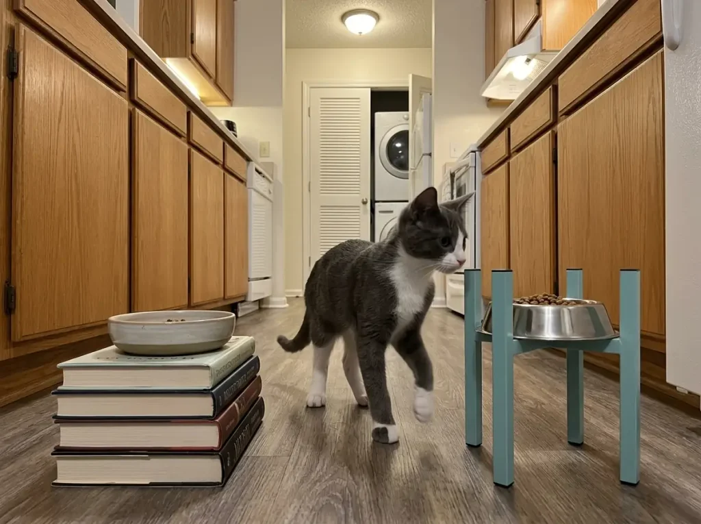 A cat bowl raised on a stack of books next to an adjustable metal cat bowl stand