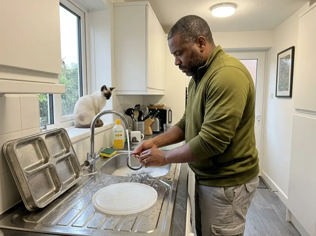 Hands washing the rubber gasket and tray of a wet food feeder at a kitchen sink