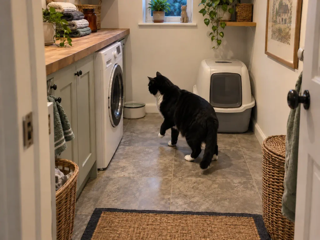 A cat water bowl on the floor of a utility room beside a washing machine and a litter tray
