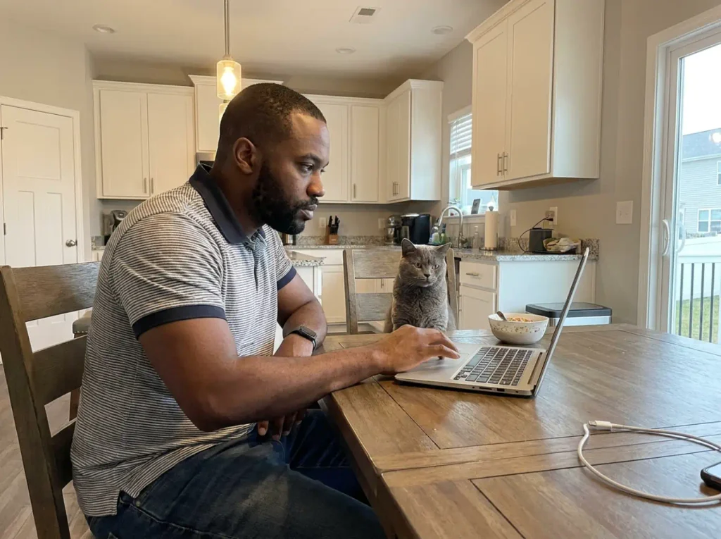 A man sitting at a dining table with a laptop open, a grey cat sitting on the chair beside him