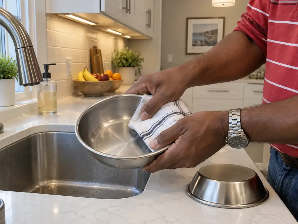 Hands drying a wide stainless steel cat water bowl at a kitchen sink, a second bowl on the counter