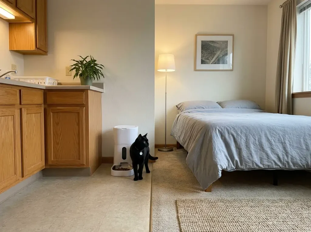 Automatic cat feeder plugged in near a bed in a small one-room apartment
