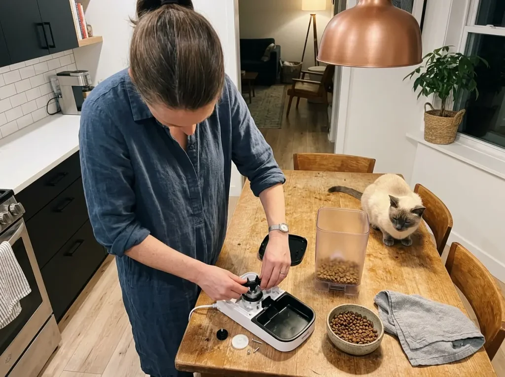 Automatic cat feeder taken apart on a kitchen table with the hopper emptied for cleaning