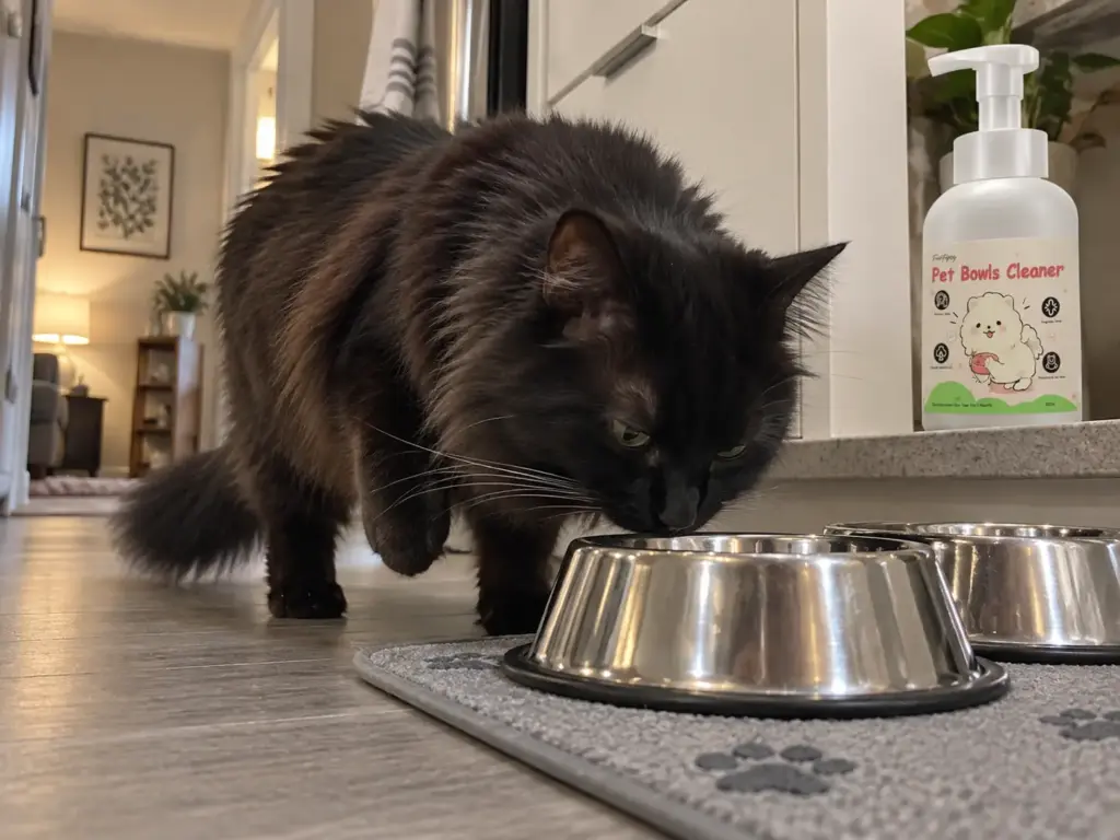 Cat lowering its nose to a freshly washed bowl on the kitchen floor before eating