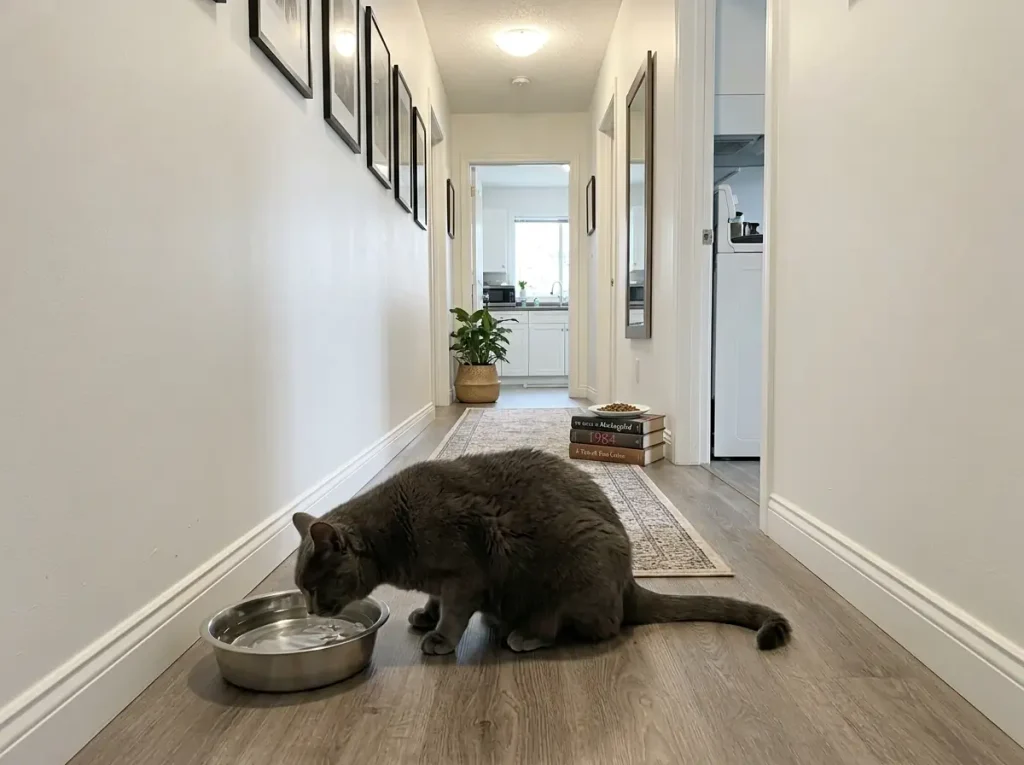 Wide water bowl on the floor in a hallway corner, away from the raised food plate