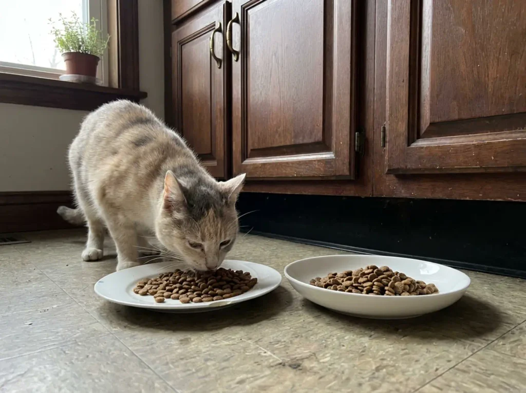 A flat plate and a wide shallow ceramic cat bowl set side by side on the kitchen floor for a comparison test