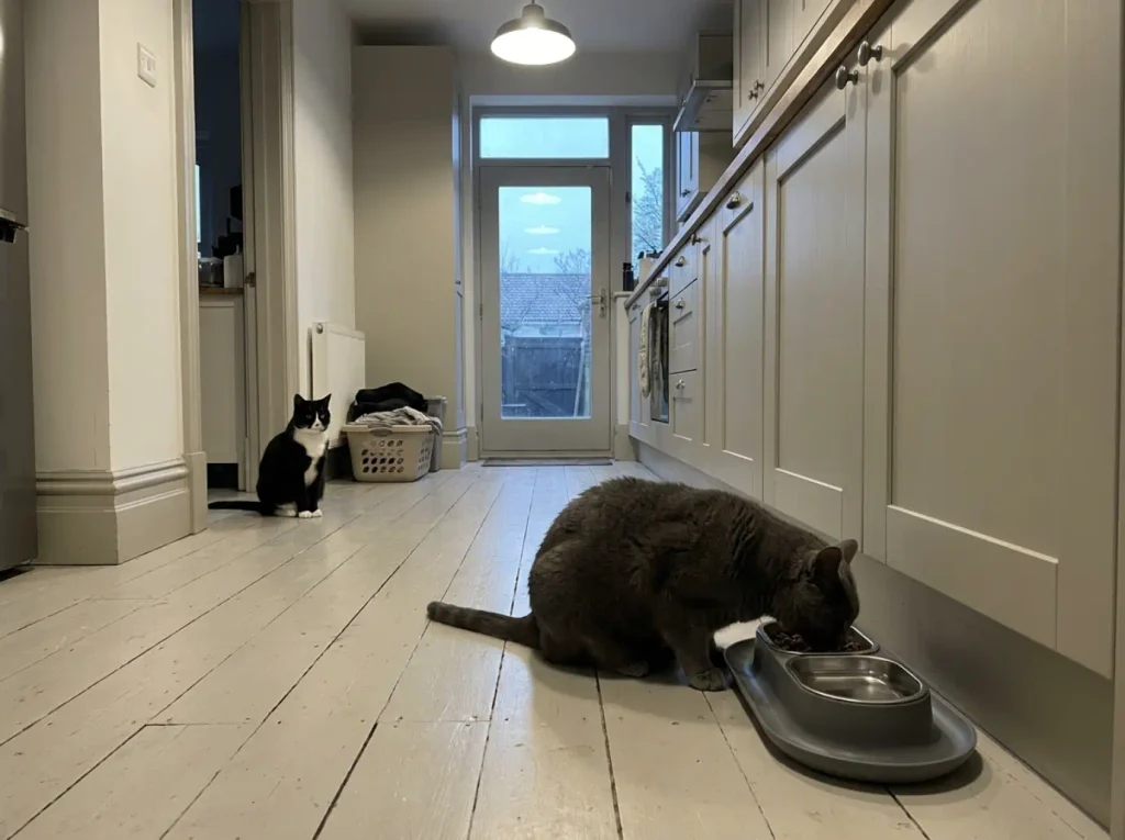One cat eating at a Hepper NomNom elevated bowl station while a second cat waits across the kitchen