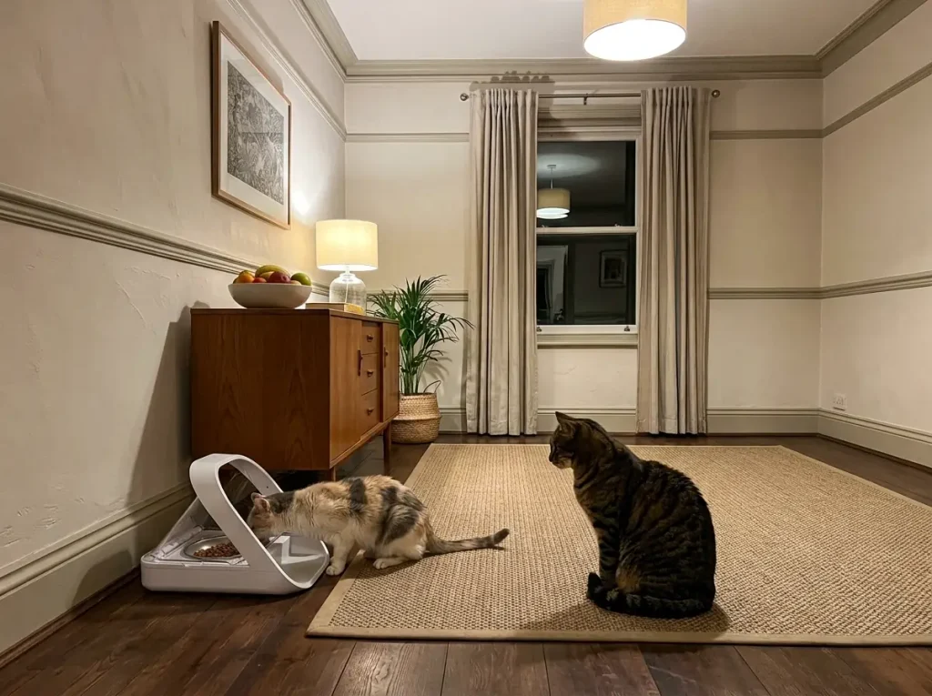 Microchip automatic cat feeder on a dining room floor with one cat eating and another watching