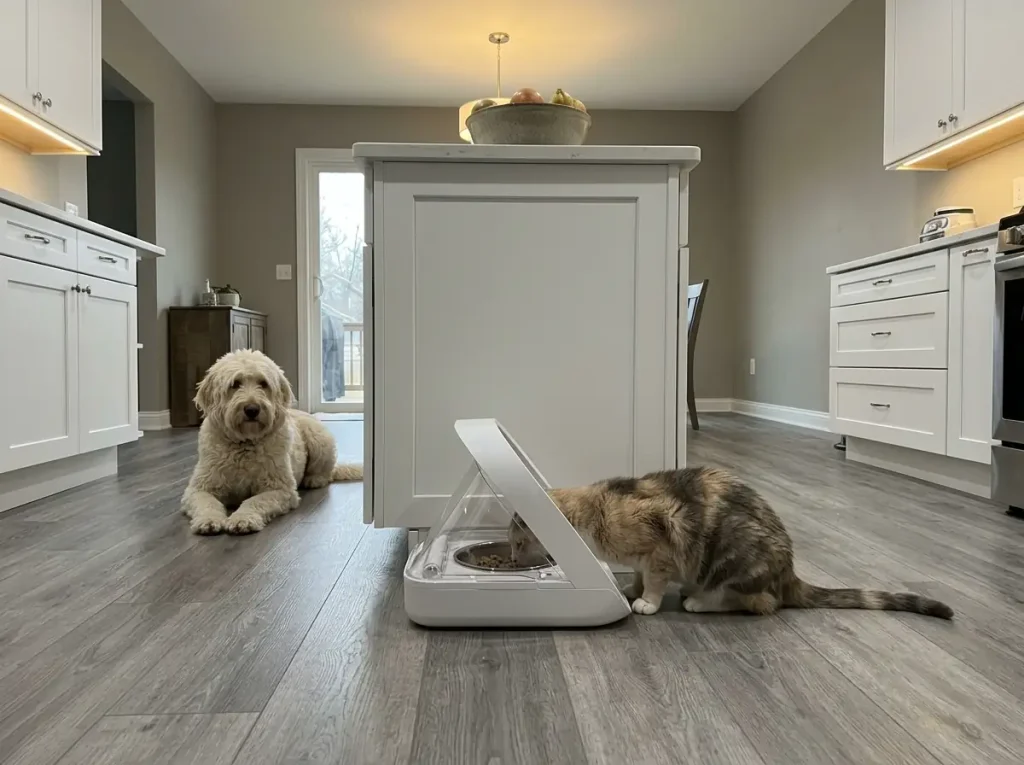 Cat eating from an open microchip feeder on a kitchen floor while a dog watches from behind
