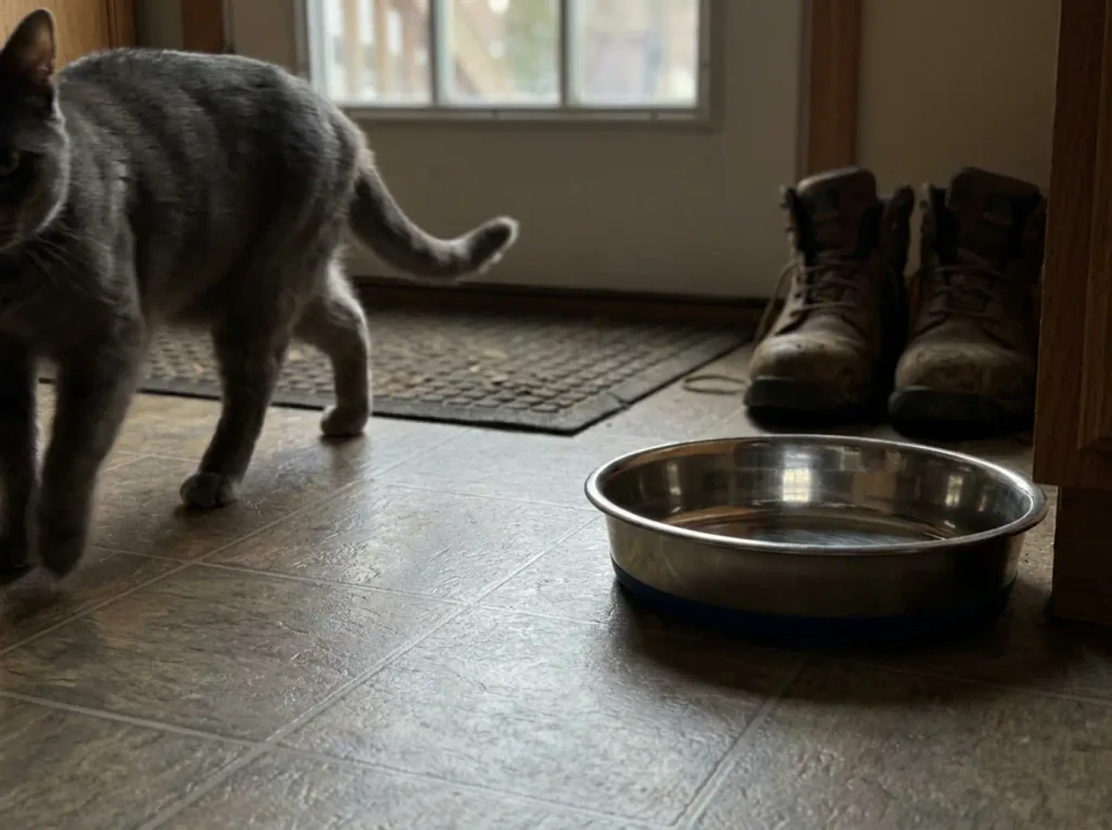 Non-slip stainless steel cat bowl on kitchen tile with a gray cat walking away from it