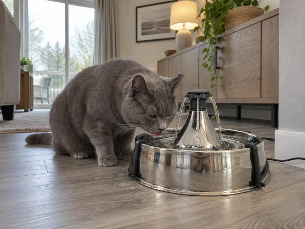 A stainless steel cat fountain on a living room floor with a grey cat drinking from one side