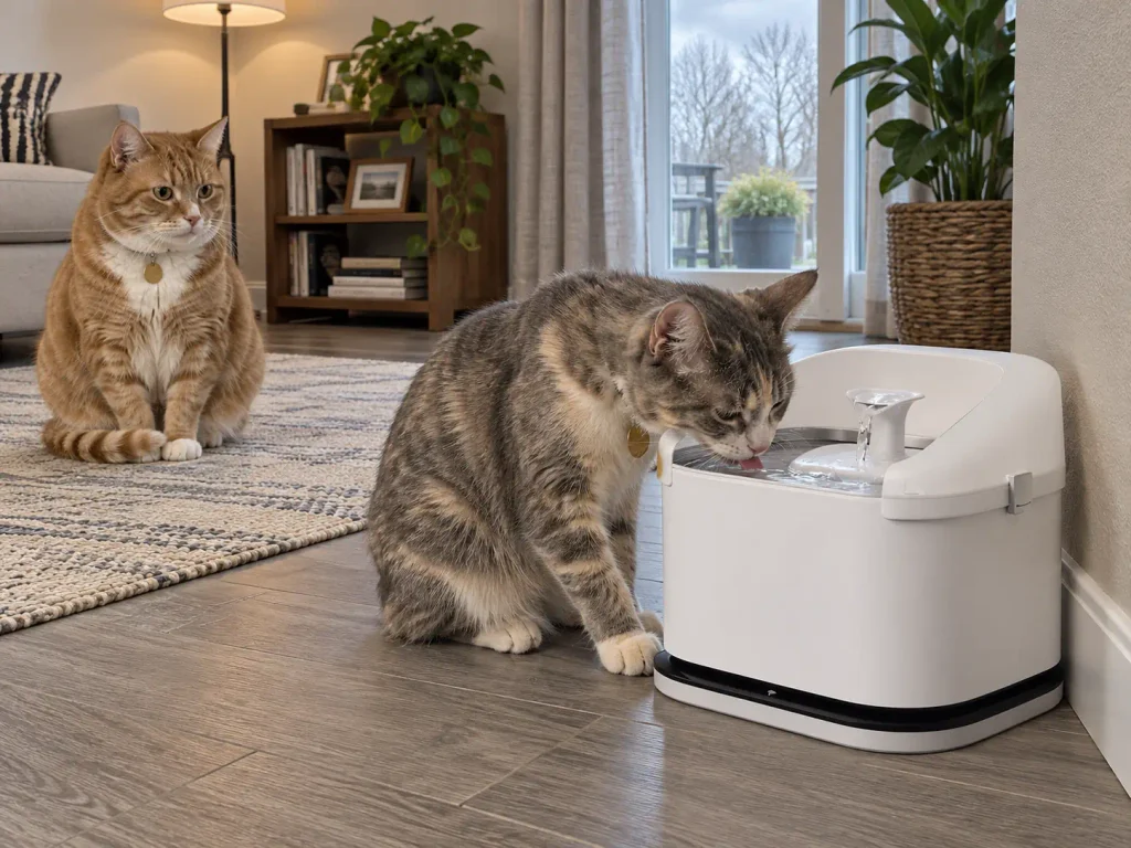 One cat drinking from an RFID cat fountain while a second waits nearby in a multi-cat home