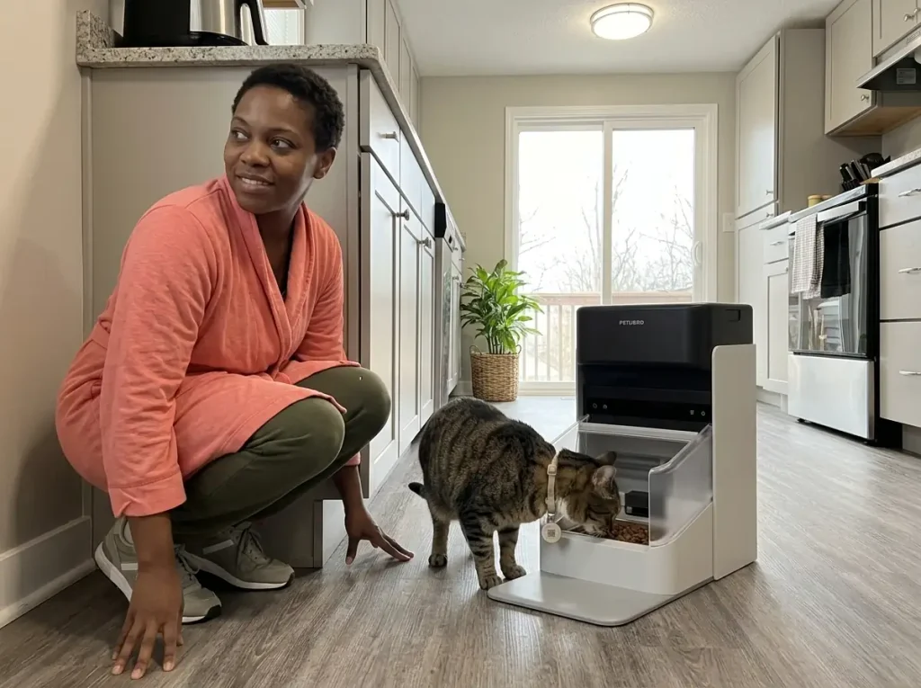 A cat wearing a collar tag eating from a selective-access RFID automatic feeder