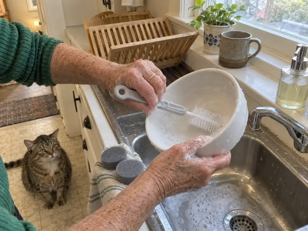 A long-handled cleaning brush scrubbing the inside of a cat water bowl at the sink