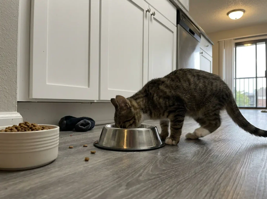 Old deep bowl and new shallow bowl side by side on the floor as a cat chooses between them