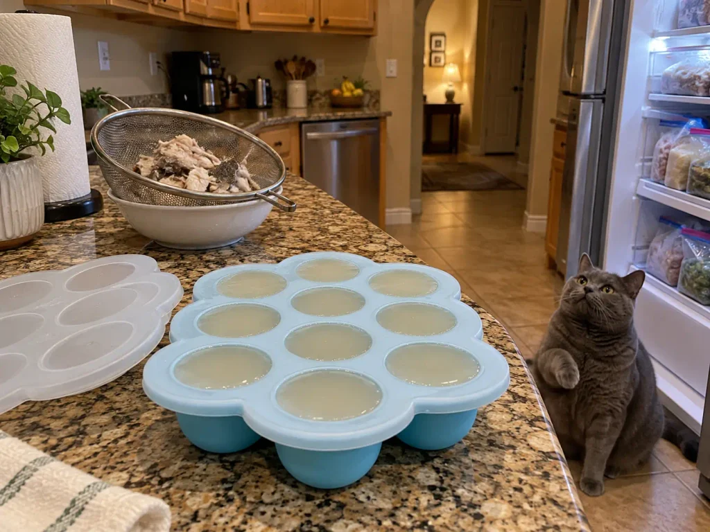 A lidded silicone freezer tray filled with homemade fish broth for cat hydration cubes