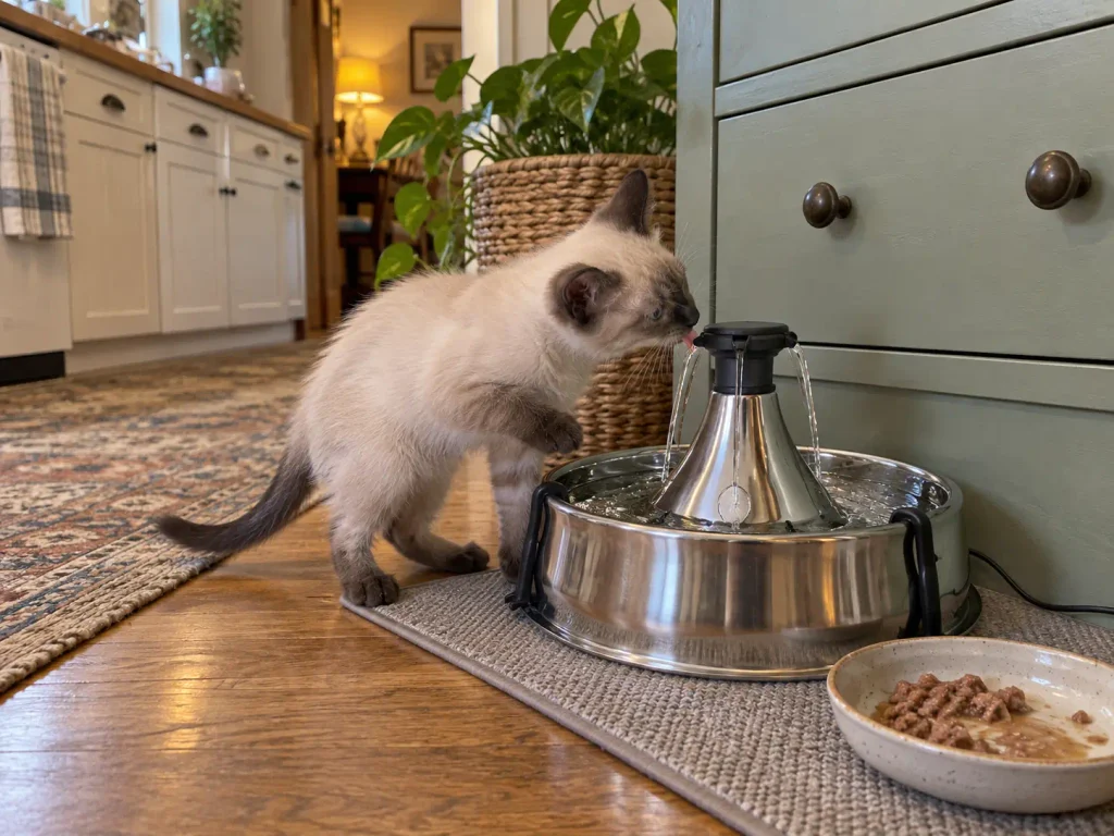 Two cats in the same room, one drinking from a bowl while the older one waits at a distance