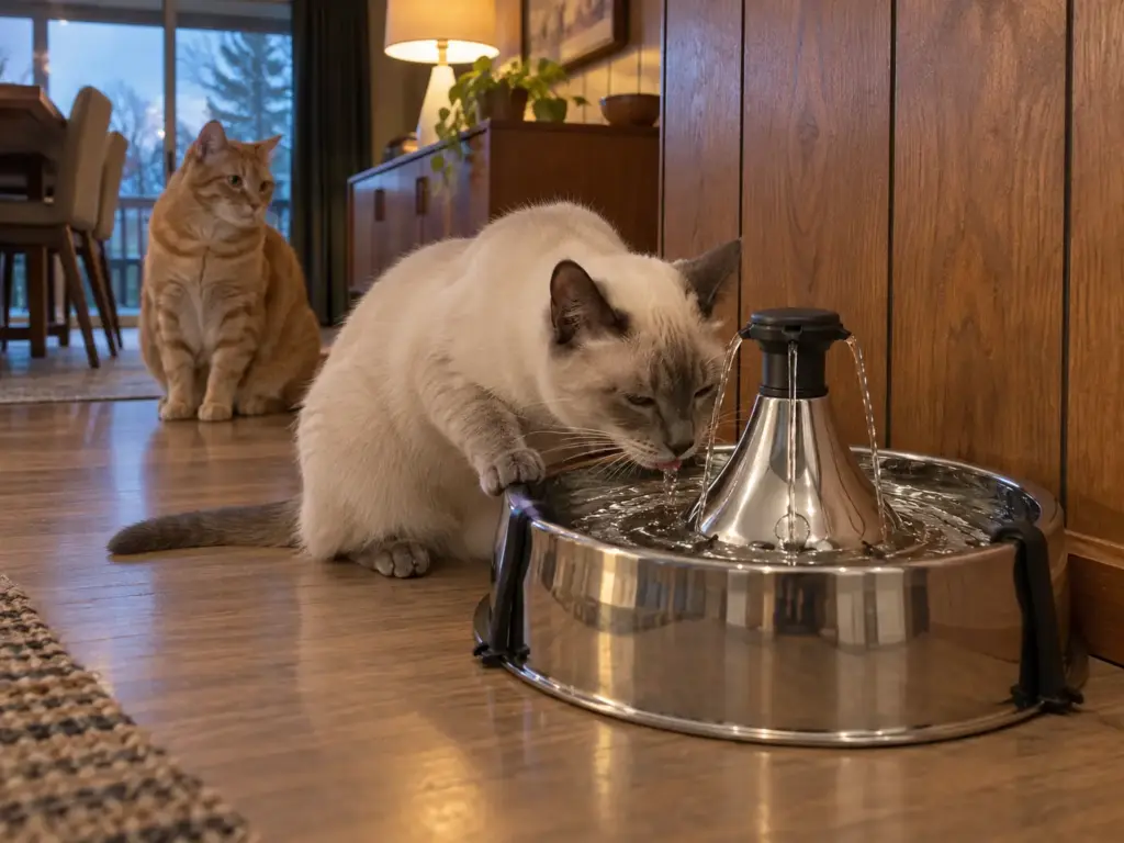 Cat drinking from a stainless steel pet fountain set across the room from the food bowls