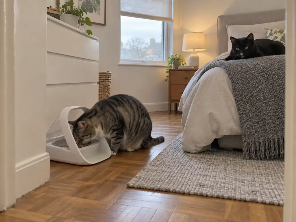 Tabby cat eating from a SureFeed microchip feeder in a small apartment bedroom corner while nobody is home