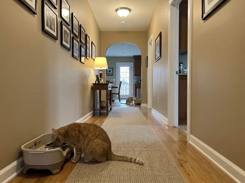 Two cats eating from separate elevated feeding stations placed apart in a hallway