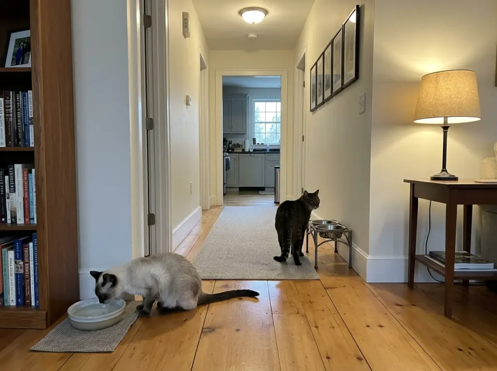 Two cats at separate water bowls in a hallway and kitchen doorway of a farmhouse home