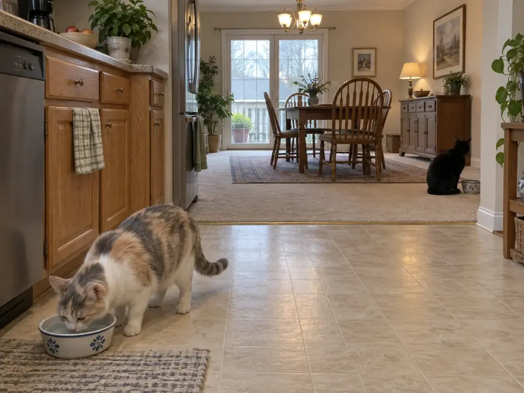 Two cats at separate water bowls placed on opposite sides of a kitchen