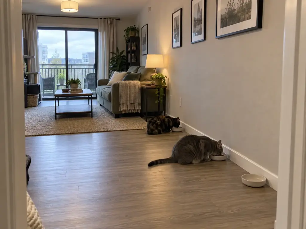 Three cat bowls spaced along an apartment wall with two cats eating at separate bowls