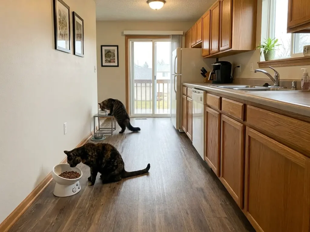 Two cat feeding stations set at different heights along a kitchen wall for two cats