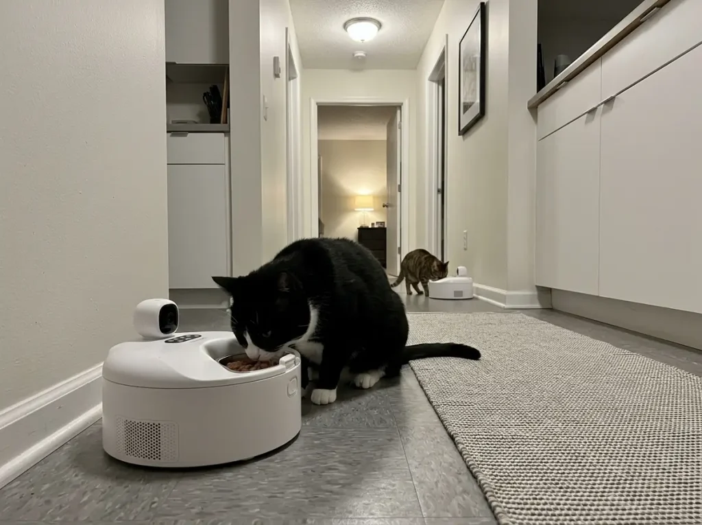 Two cats at two separate wet food feeders in different rooms, one feeder per cat