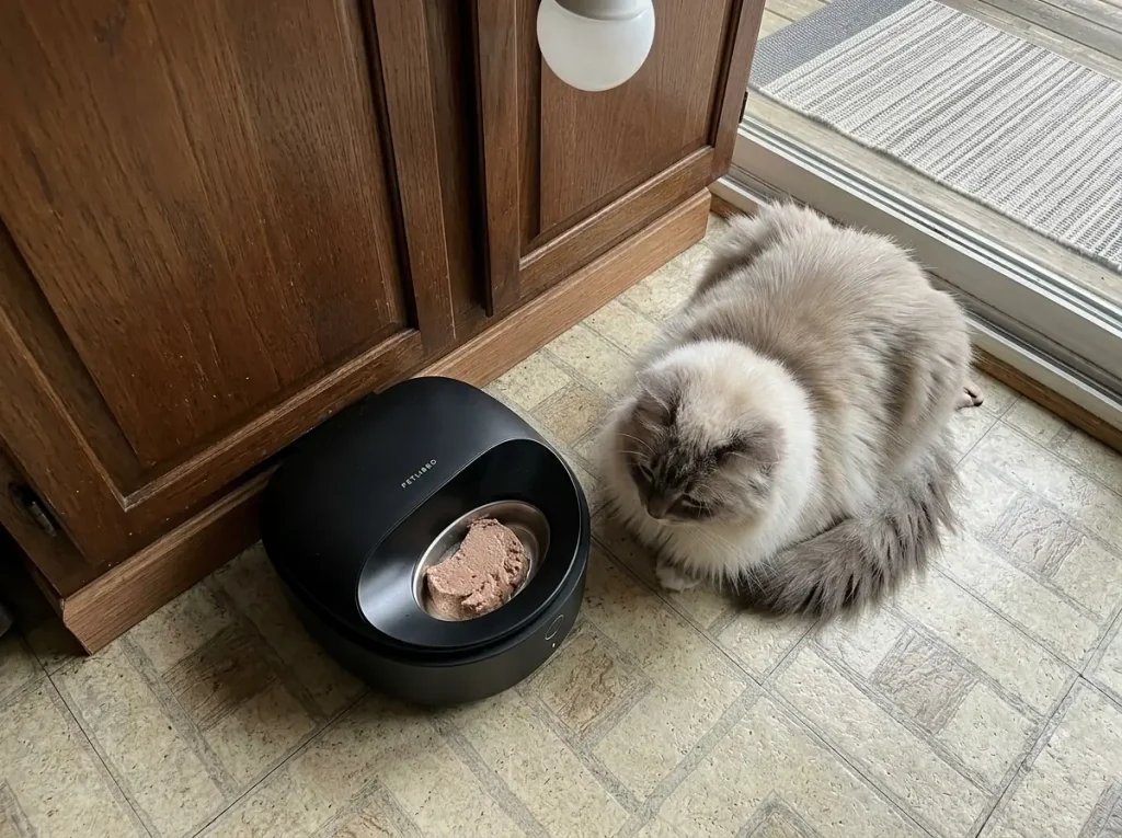 Refrigerated wet food cat feeder on a kitchen floor with a long-haired cat waiting beside it