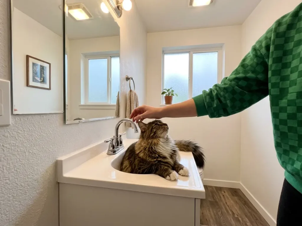 A cat waiting at the bathroom faucet in a small rental apartment