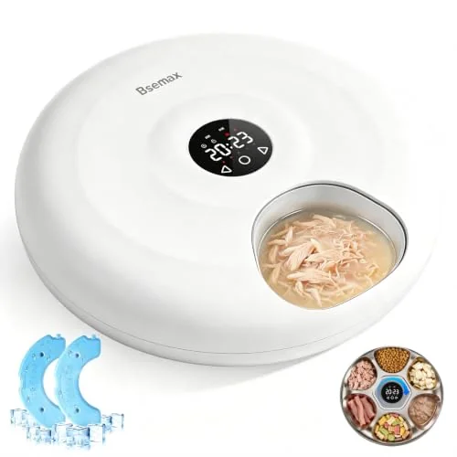 6 Meal Automatic Wet Food Cat Feeder with Stainless Steel Tray and 2 Ice Packs