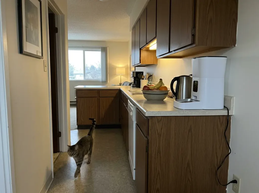 Automatic feeder at the end of a narrow kitchen counter with a cat walking past below